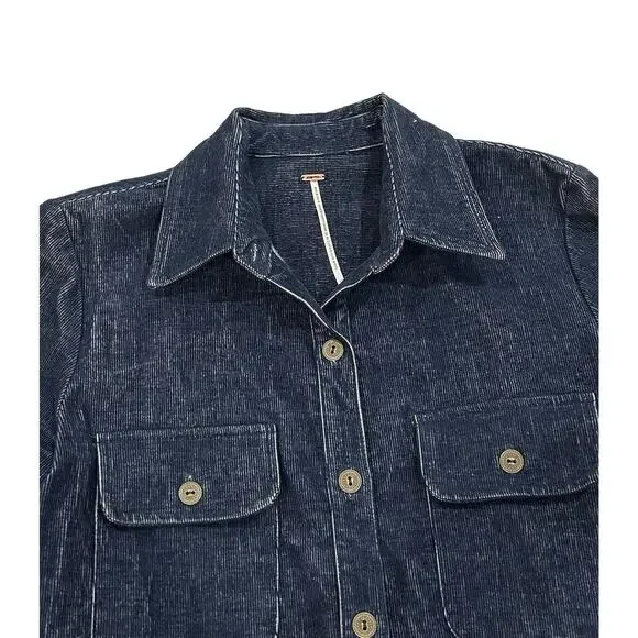 Free People Washed Corduroy Button Shift Dress Size S Blue Button Up USA Made - Picture 5 of 7
